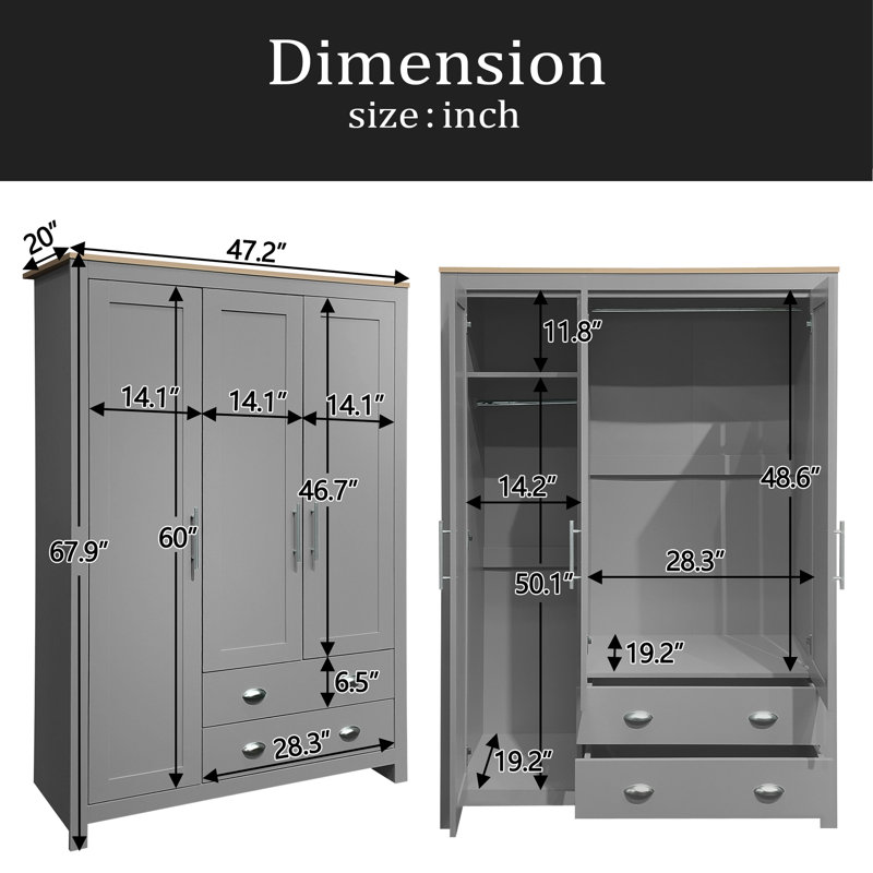 Armoire de rangement à trois portes avec armoires et deux tringles de suspension, gris