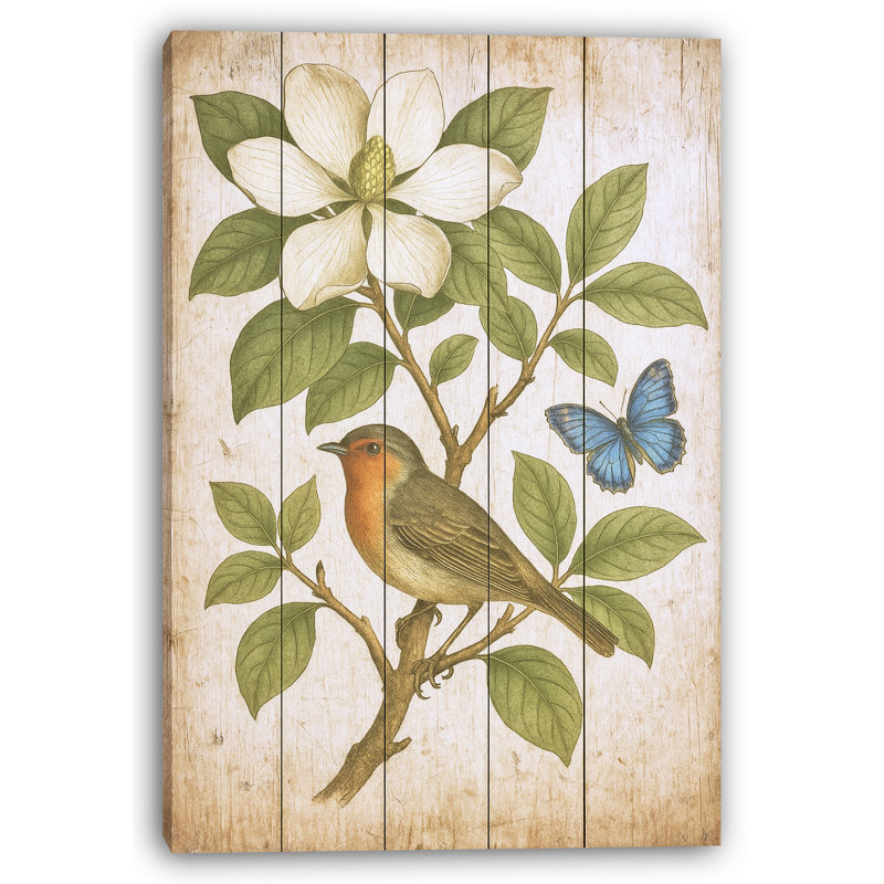 «Botanical Bliss - Robin and Magnolia», art sur toile, H 24 po x l 16 po