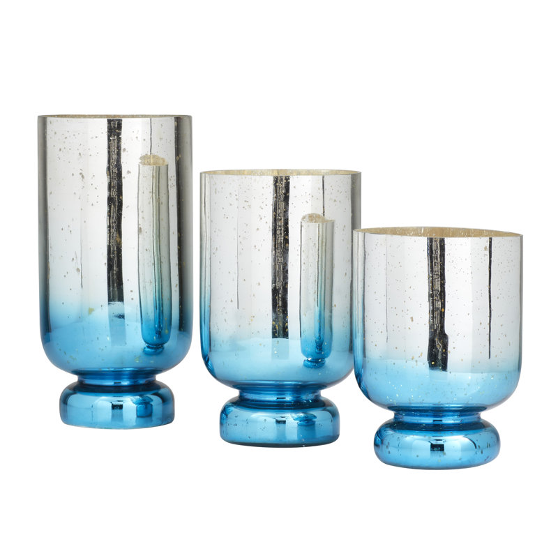 Uvalda 11.95'' H Glass Tabletop Hurricane, Silver/Blue Ombre