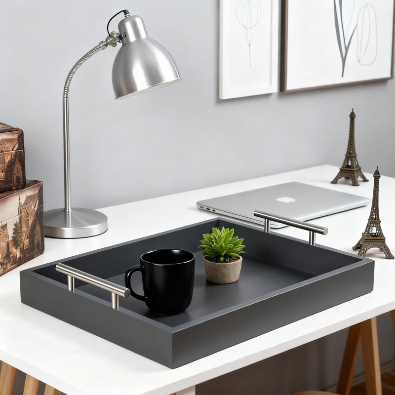 Plateau de service moderne en bois avec poignées polies et 4 sous-verres, organisateur de table basse repose-pieds pour salle de bain et bar