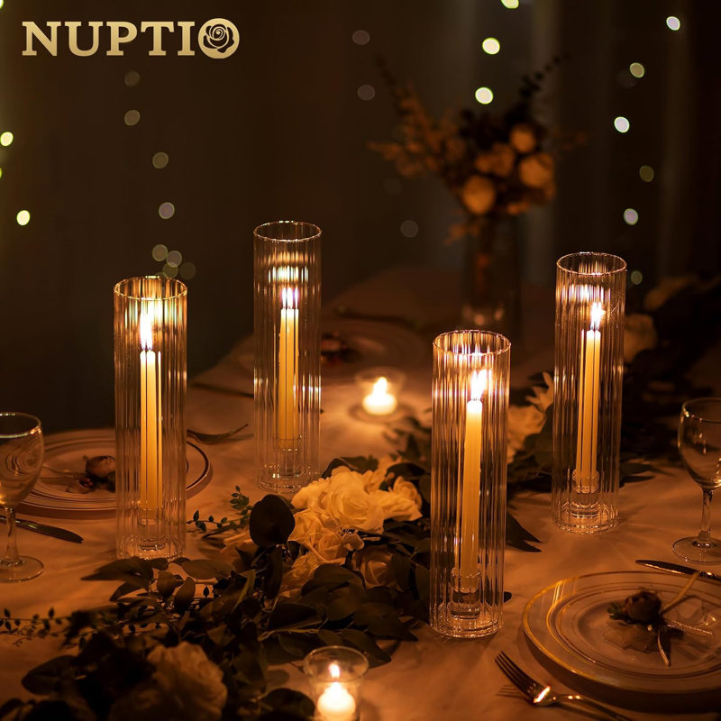 Ribbed Hurricane Glass Taper Candle Holders Set Of 2 - Tall Cylinder Cover Candlestick Holders For Fireplace, Dining Table, Centerpiece Decor - Windproof Design For Flameless And Taper Candles