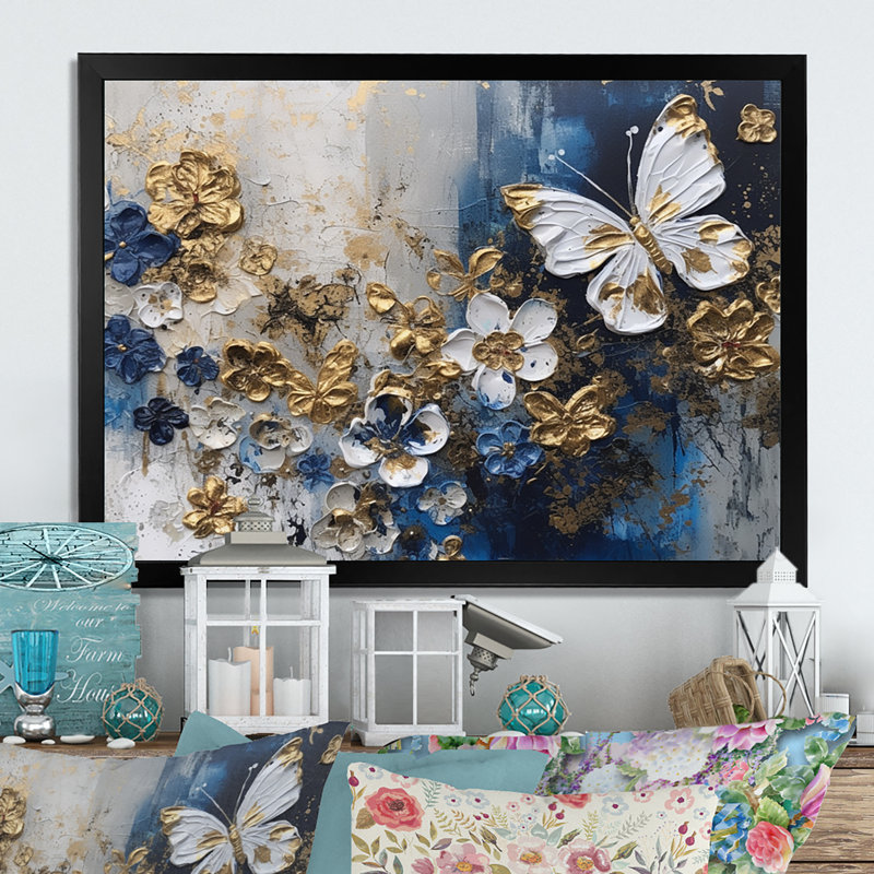 Rynisha, ailes de papillon bleu doré et fleurs I - art mural floral, H 24 po x l 32 po x P 1 po, Cadre noir