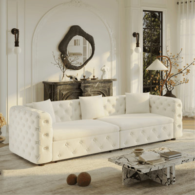 89" Extra Large Multifunctional Sofa Bed, 3-in-1 Pull Out Sofa, 4-Seater Classic Velvet Sofa with Tufted Design, Includes 3 Throw Pillows, Suitable for Apartments and Living Rooms, Beige&White