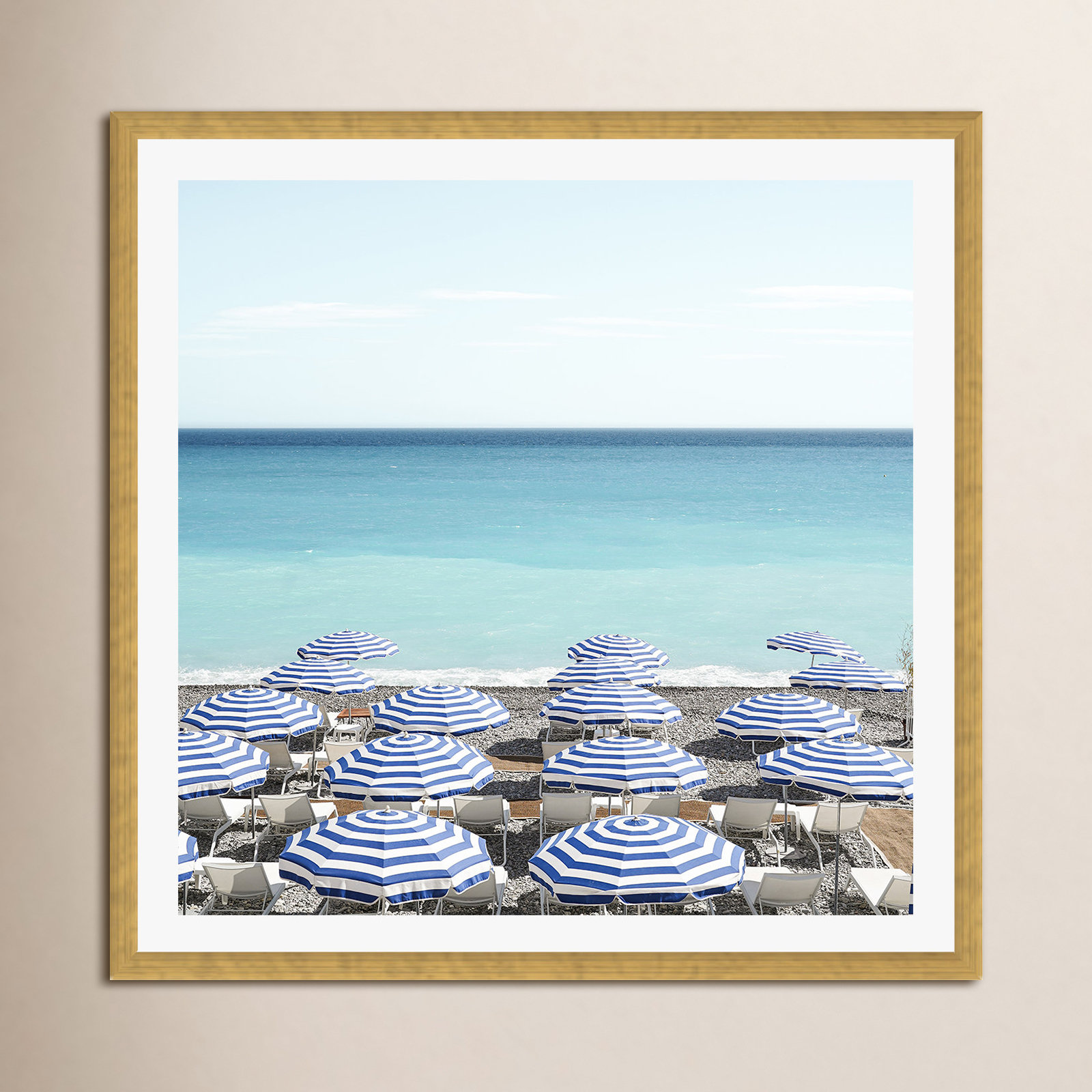 Blue Beach Umbrellas Photo by Henrike Schenk, Yes, Natural Framed Paper, 30" H x 30" W x 0.75" D