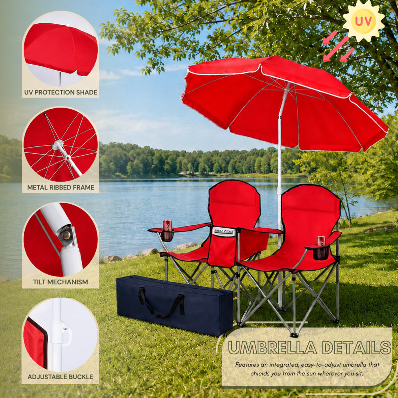 Causeuse d'extérieur avec parasol et glacière intégrée, Rouge