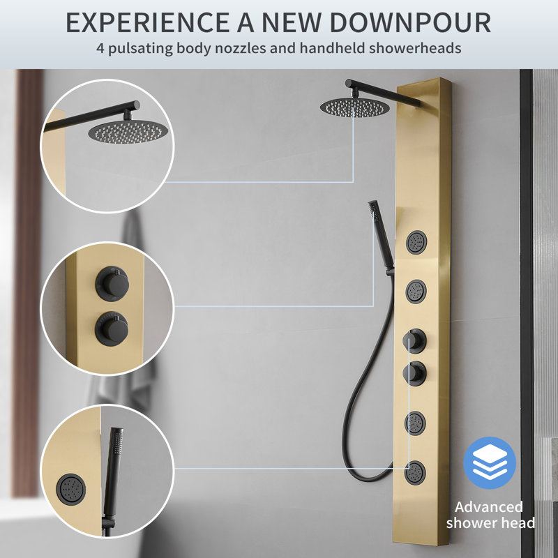 3-way Diverter Shower Tower Panel System with Adjustable Shower Head, Black Gold