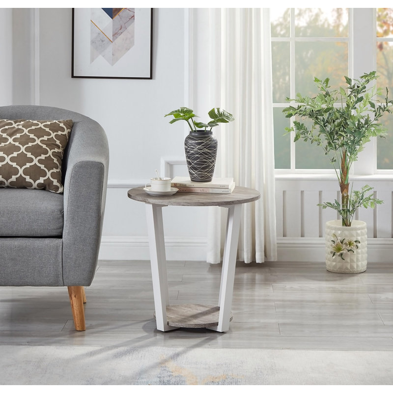Elysian Contemporary Round End Table With Shelf, Gray Top/White Base