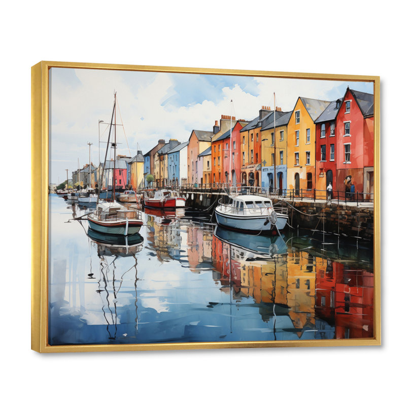 Impression sur toile «Ireland Harbor Reflectionsan II» - Irlande, Cadre flottant doré, H 16 po x l 32 po x P 1 po