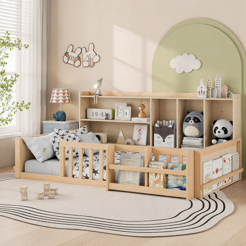 Cadre de lit plateforme en bois avec barrière de sécurité et tablettes de rangement, Lit simple, Naturel