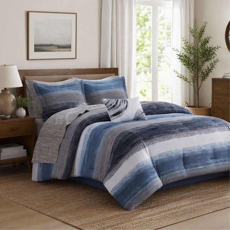 Ensemble de couette 7 pièces pour lit simple avec draps en coton - Bleu marine