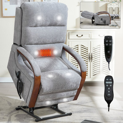 Power Chenille Lift Recliner Chair Dual Motor Infinite Position Up To 350 LBS With Solid Wood Armrests
