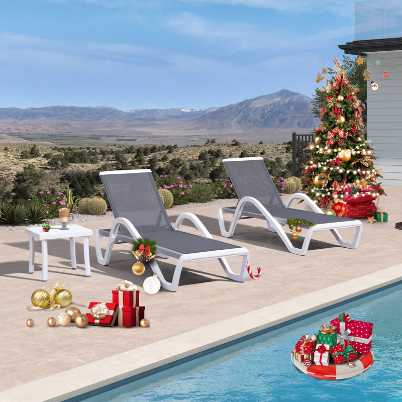Latitude Run® Patio Chaise Lounge Chair Set Of 3 Outside Aluminum Plastic Stackable Tanning Chairs By PVC-coated polyester Fabric With Armrests And Side Table