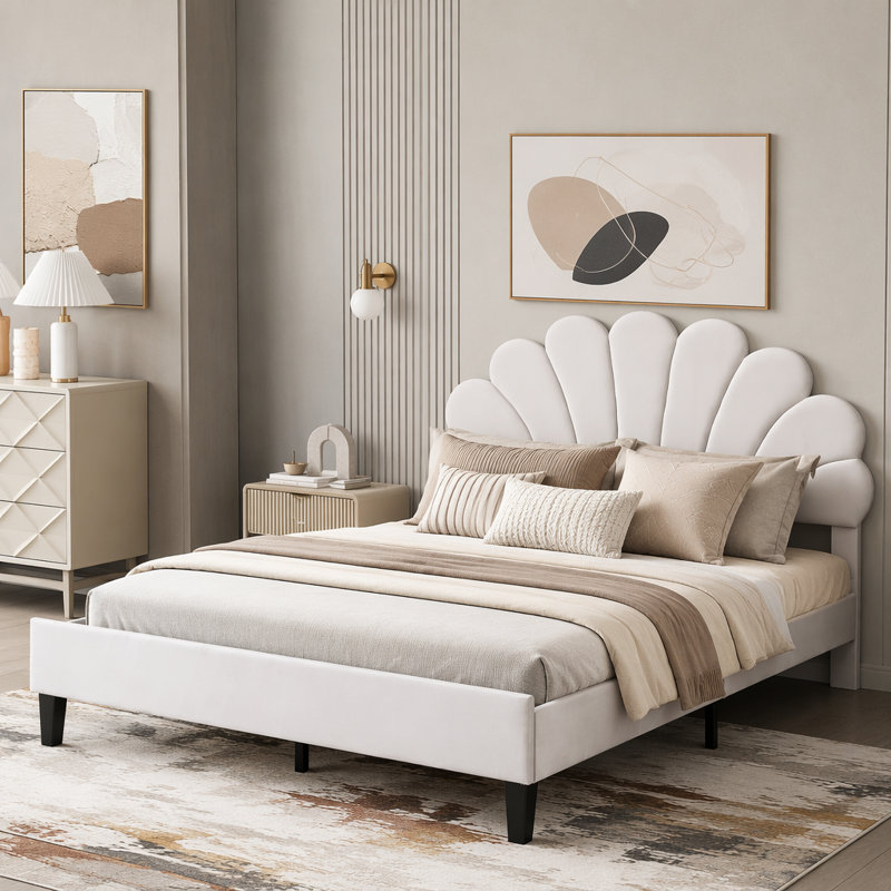 Lit plateforme tapissier avec tête de lit en velours à motif floral, Lit double, Beige