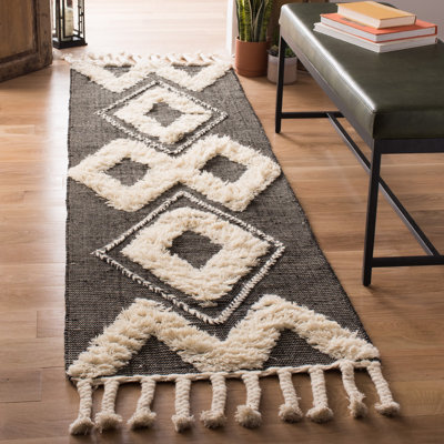 Alimatou Hand Knotted Wool/Cotton Geometric Rug in Ivory/Black