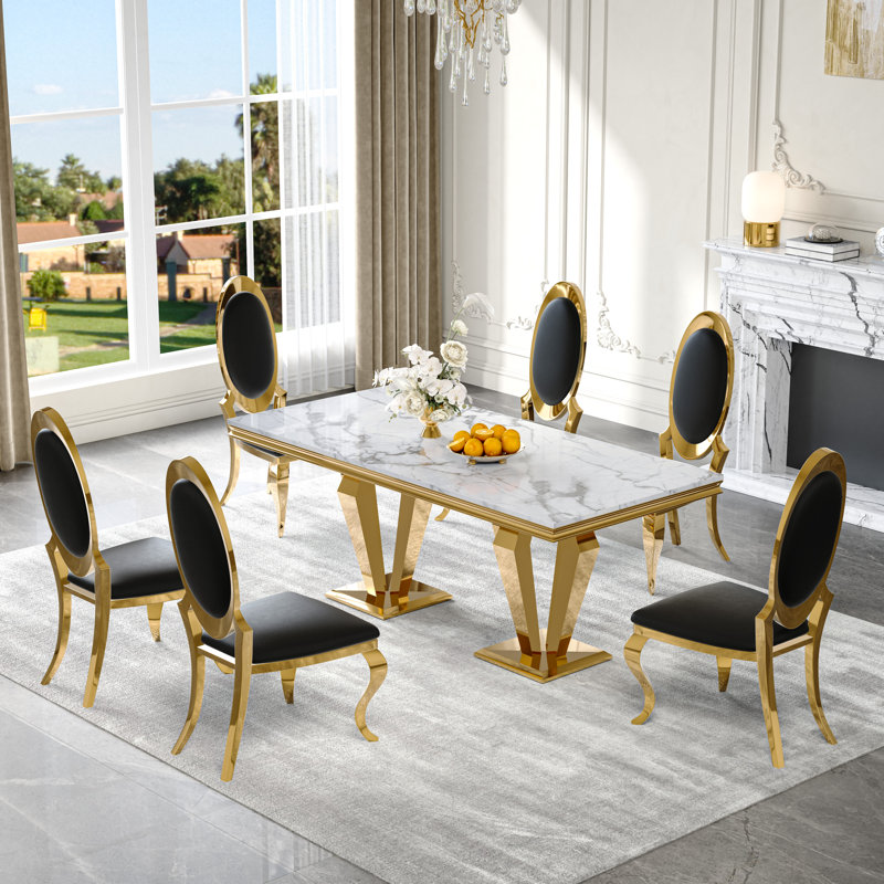 7-Piece Dining Table Set, Marble Veneer Mdf Dining Table, With 6 Faux Leather Dining Chairs, White/Gold/Black