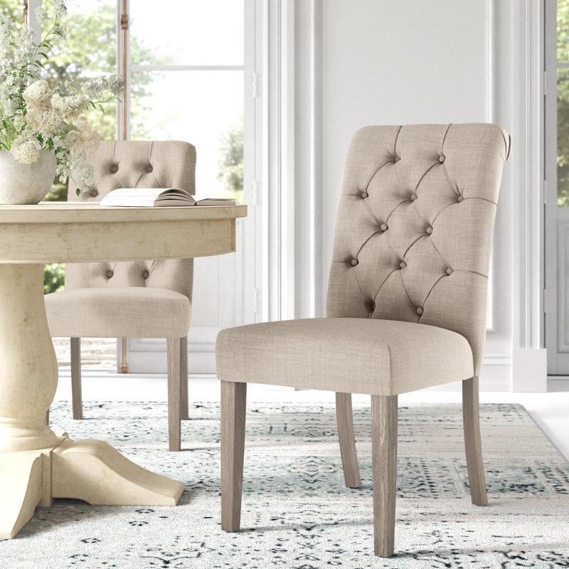 Chaise d'appoint rembourrée et capitonnée Ameriga, Lin beige, Gris