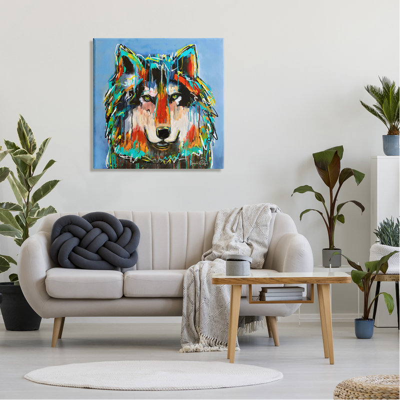 «Bold Wolf» dégoulinant de peinture saturée de style graffiti sur toile tendue surdimensionnée par Karrie Evenson an-069