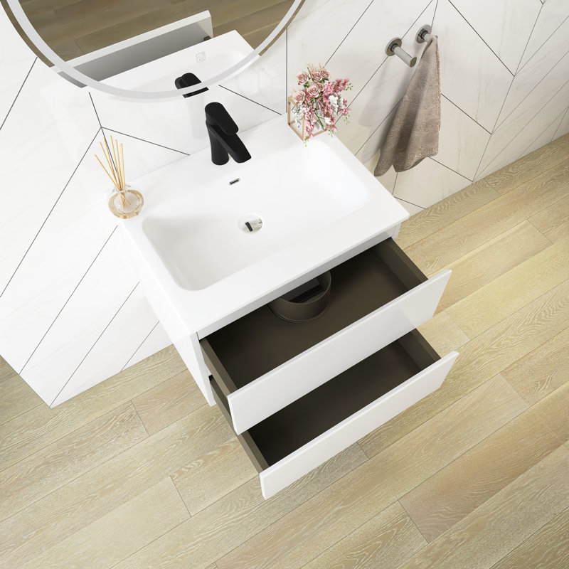 Meuble-lavabo mural 24 po avec comptoir en céramique blanche, Blanc