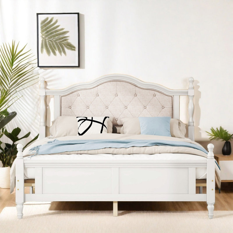 Solid Wood Frame Queen Size Bed With Upholstered Headboard, Queen Platform Bed With Support Feet, White