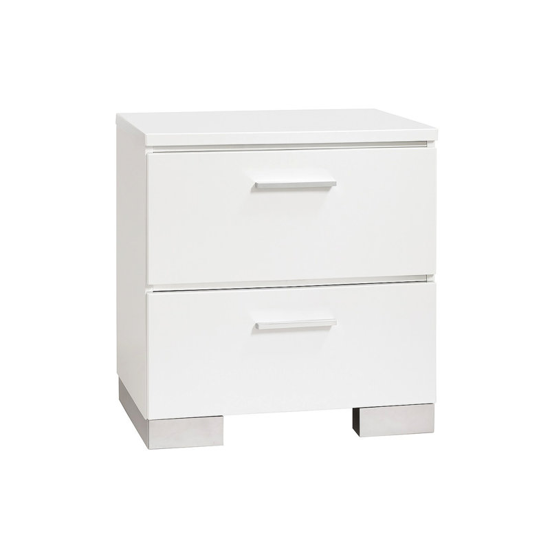 Table de chevet blanche élégante et élégante avec pieds intégrés et 2 tiroirs pour l'aménagement de la chambre à coucher.