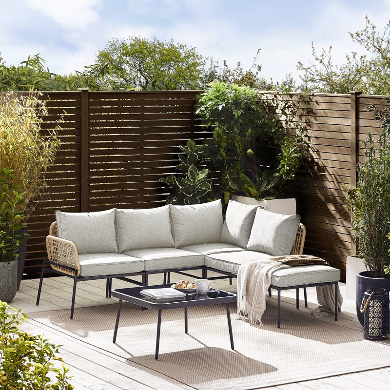 Alahni Outdoor 4-5 Seat Corner Sofa with Cushions and Coffee Table - Modern Rattan (Cover Included), Natural/Taupe