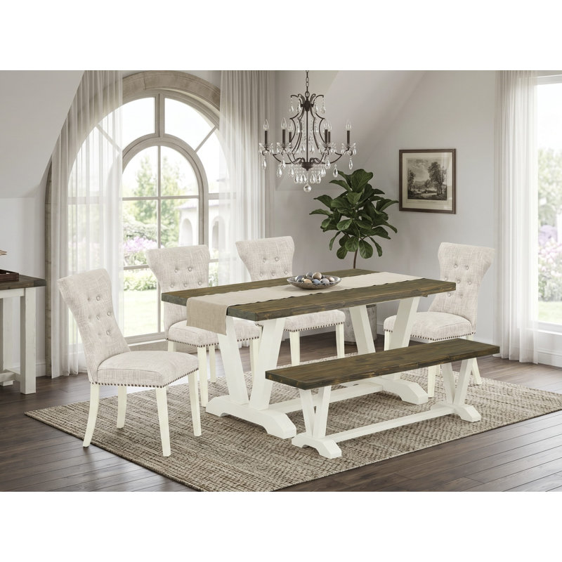 L'ensemble de salle à manger 6 pièces se compose d'une table de cuisine en lin blanc cassé, d'un banc de salle à manger et de 4 chaises de salle à manger en tissu de lin gris foncé Gotham avec dossier capitonné - finition noire brossée