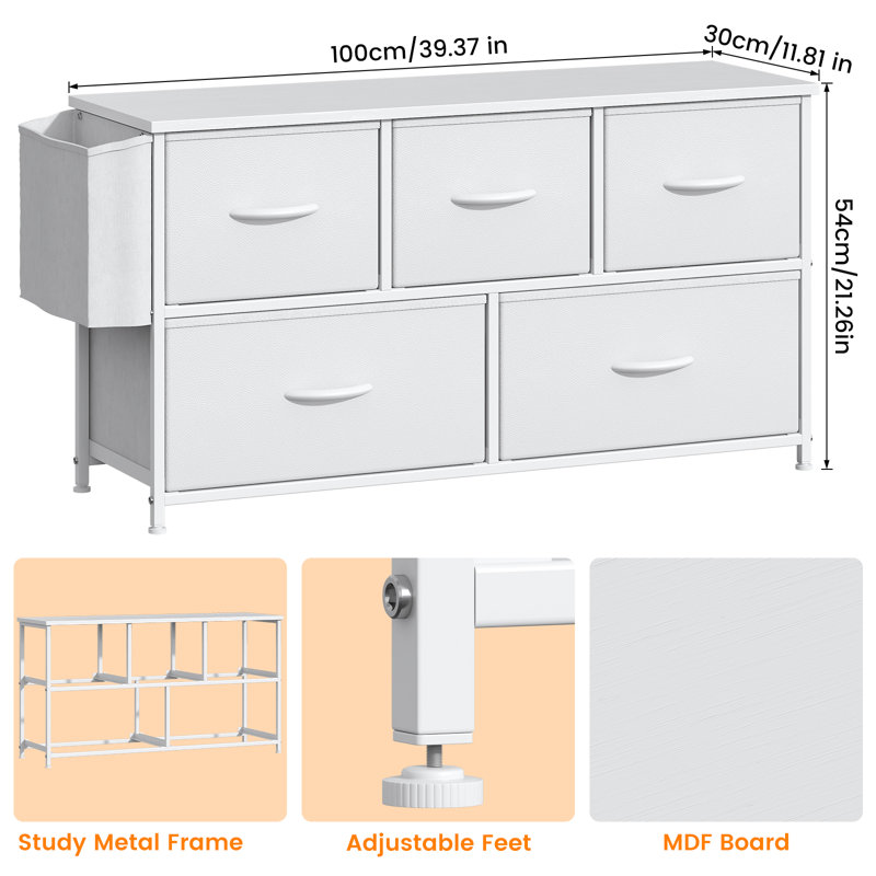 100 cm W Chest of 5 Drawers, White