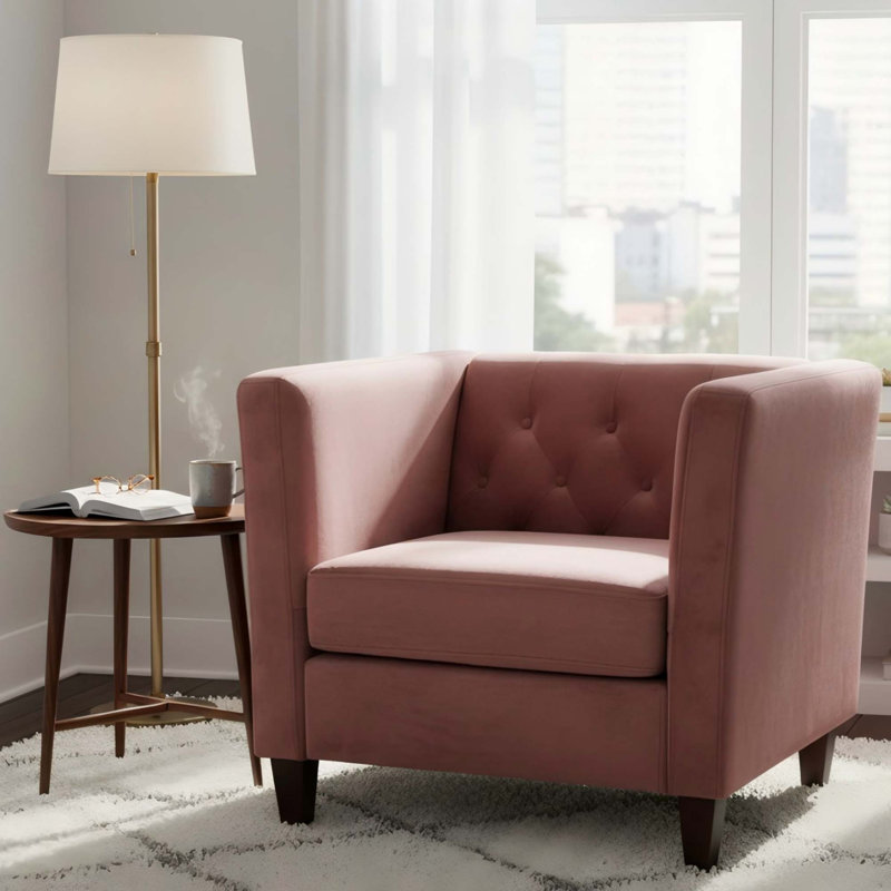 Chaise d'appoint moderne en velours capitonné à boutons avec accoudoirs carrés et pieds fuselés en bois, Rose