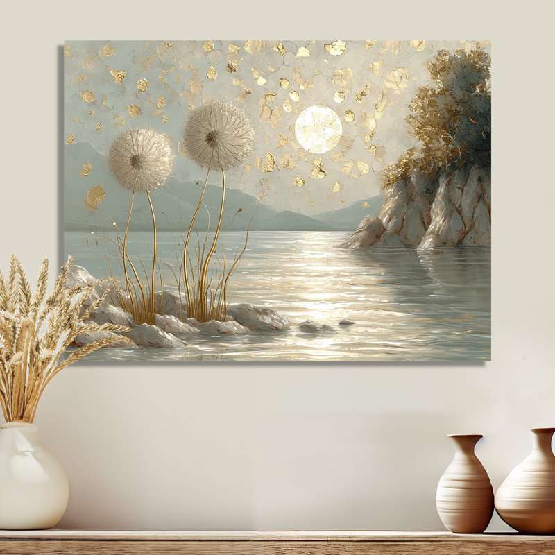 «Blooming Dandelion Silver Full Moon River - Lake», reproduction d'art, Métal métal, H 12 po x l 20 po