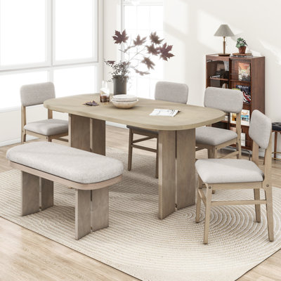 6-Piece Solid Wood Dining Set With Upholstered Bench