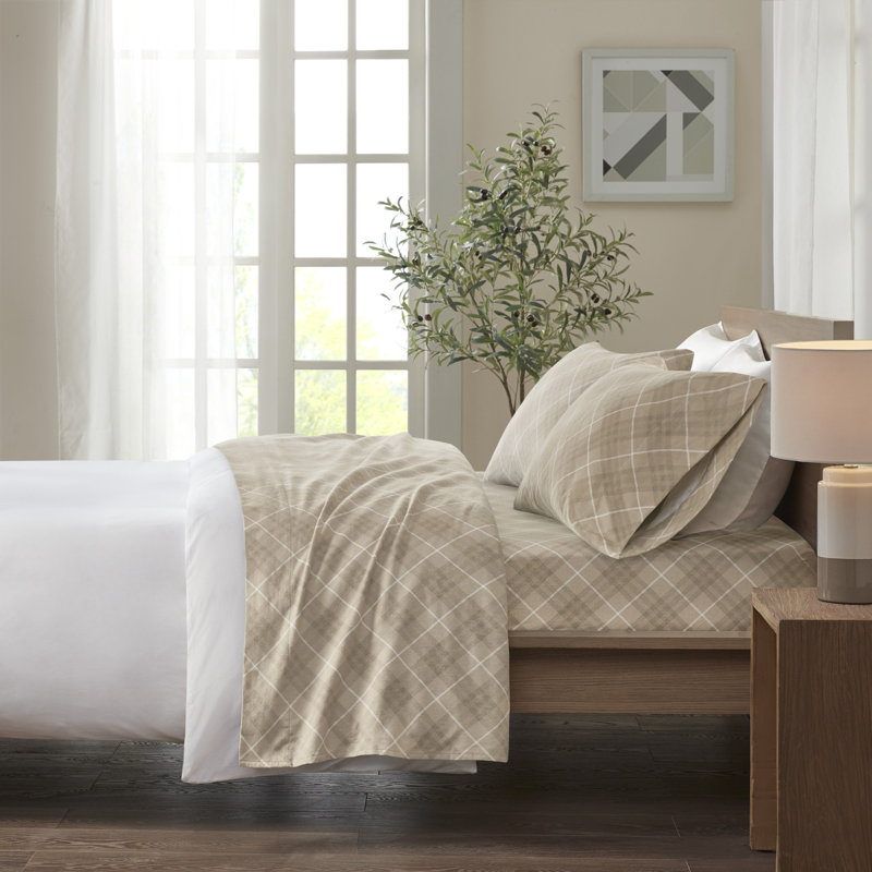 Ensemble de draps 100% coton Cozy, Ensemble de draps très grand californien avec 2 t, Tissu écossais brun clair