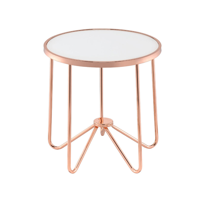Table ronde blanche avec plateau en verre givré et finition or rose