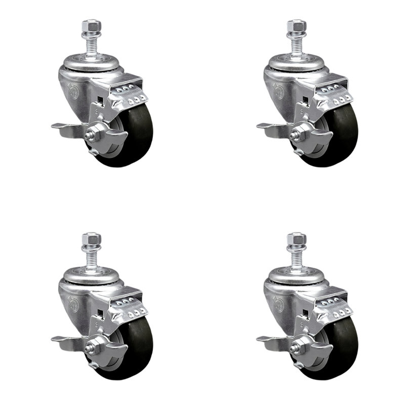 3.5 Inch SS Polyurethane Swivel 12mm Threaded Stem Caster Set Brake, Black
