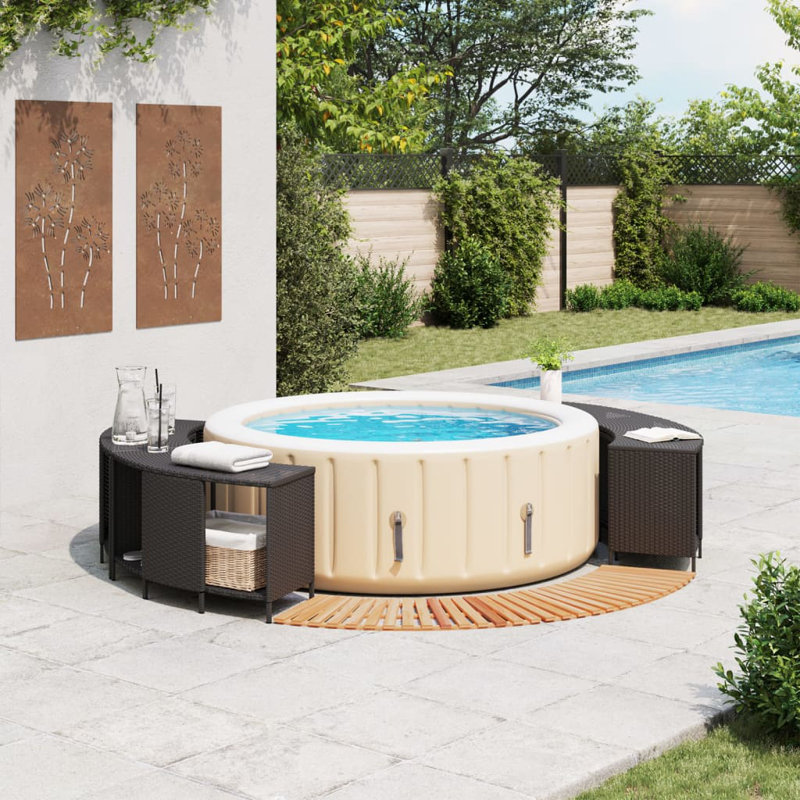 Vidaxl Hot Tub Surround Black Poly Rattan And Solid Wood Acacia, Black