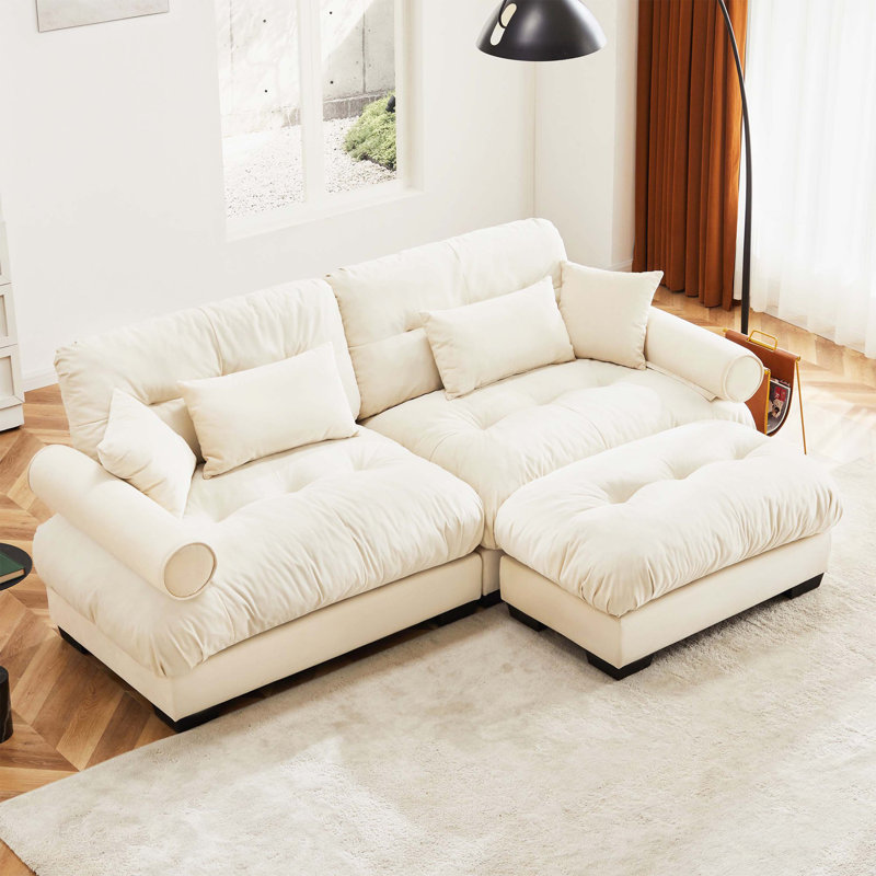 Canapés-lits, petit canapé moderne en forme de L avec repose-pieds 2 places, pour le salon, la chambre, le loft | Velours | Crème