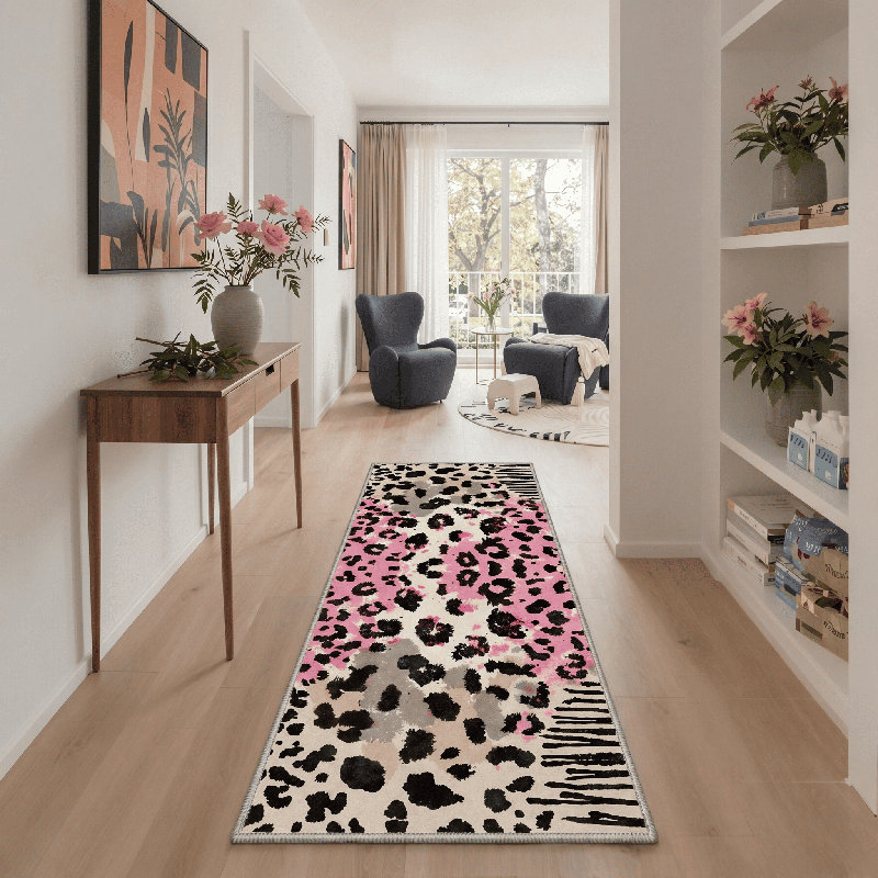 Verona Animal Leopard Print Machine Washable Pink / Beige / Black / Gray Indoor Area Rug with Non-Slip Backing