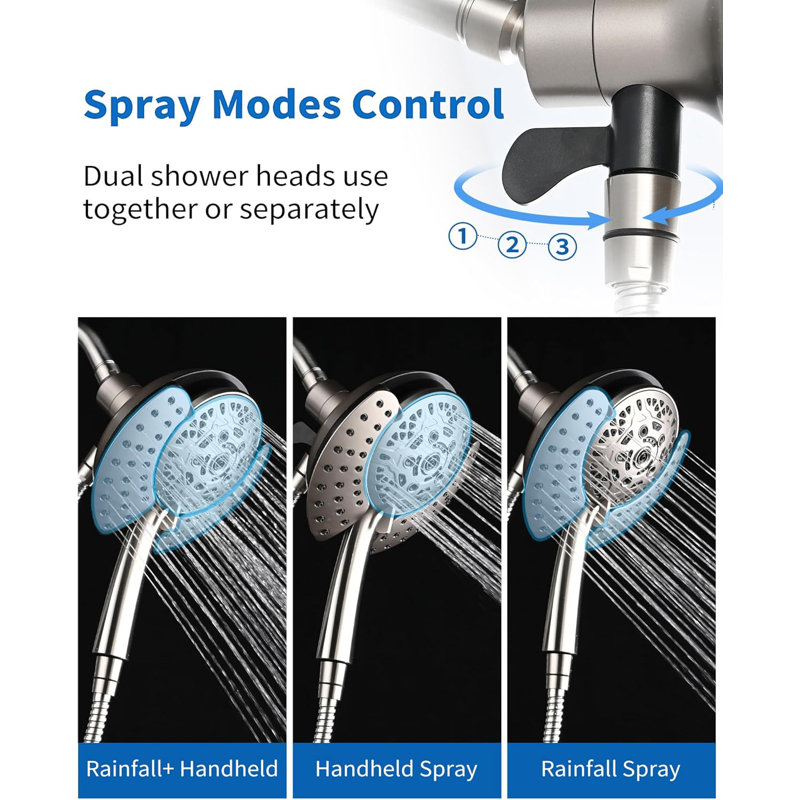 2-In-1 High-Pressure Shower System: 7.2" Rain Showerhead & Handheld Combo With 60" Stainless Steel Hose, Brushed Nickel