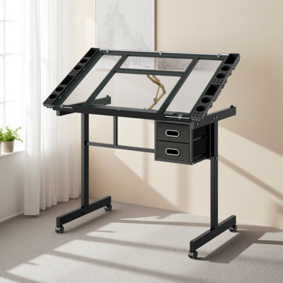 Bureau de dessin réglable réglable avec 2 tiroirs en tissu et 4 roulettes