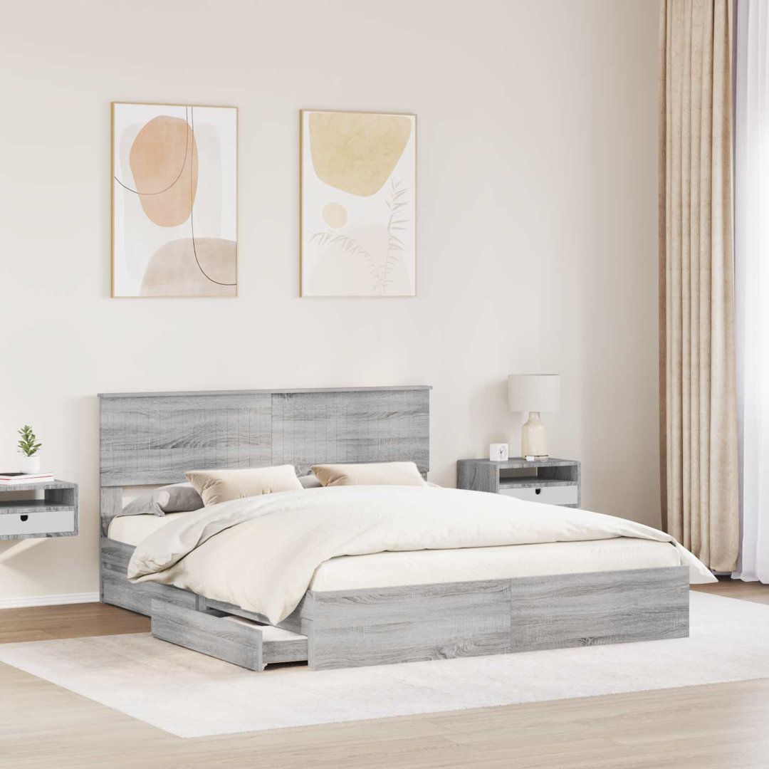 Bed Frame With Drawer Smoked Oak 200 X 200 Cm Engineered Wood