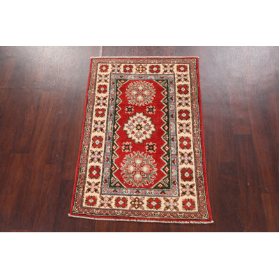 Tapis rouge en laine noué à la main de conception unique 2 pi 9 po x 4 pi 1 po