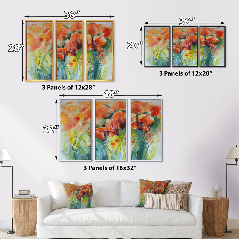 «Red Blossoming Poppies V», peinture sur toile 3 pièces, Noir, H 20 po x l 36 po