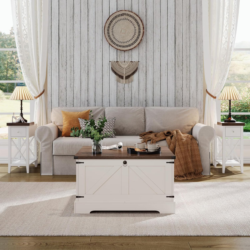 Table basse à plateau relevable 31,5 "avec rangement Farmhouse, Marron foncé, Beige