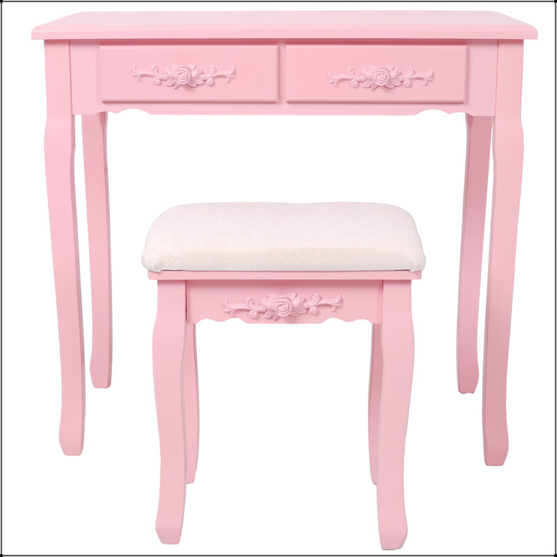 Pink Princess Vanity Desk Set with 360° Rotating Mirror, 4-Drawer Wooden Makeup Table for Girls' Bedroom, Pink