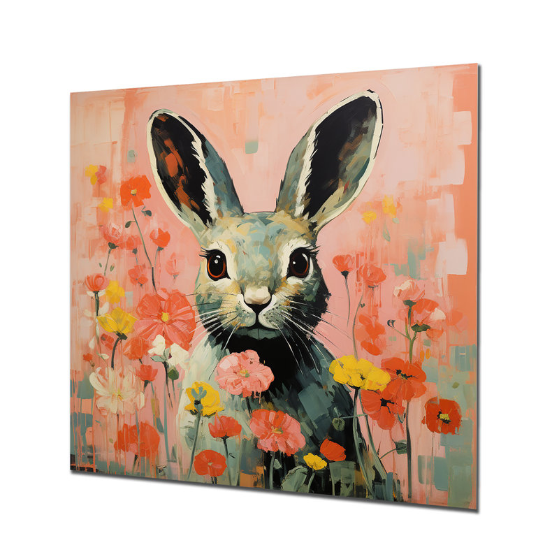 Curious Floral Rabbit Meadow II - Lapin, art mural en métal, H 16 po x l 16 po x P 1 po