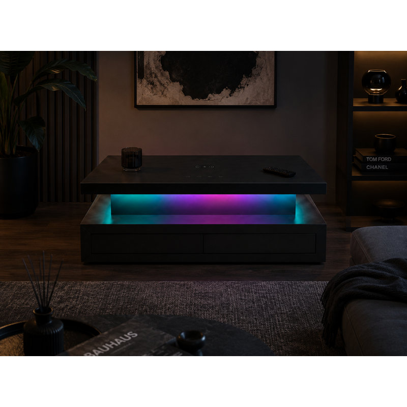 Table basse intelligente 47,2 po avec chargement sans fil, haut-parleur Bluetooth, éclairage à DEL RVB, tiroir de rangement et finition noire moderne