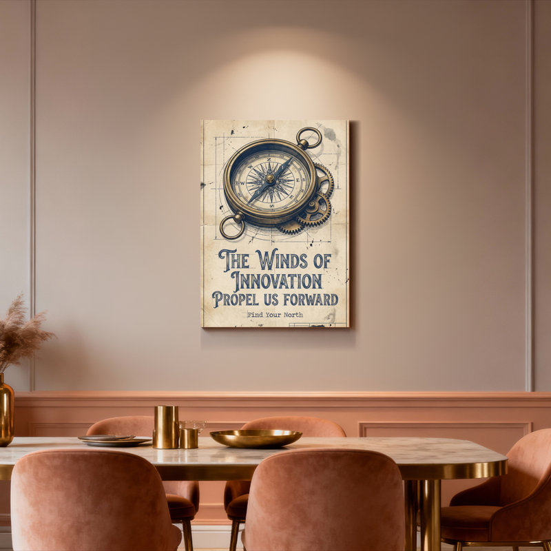 Tableau mural sur toile tendue, motif boussole et engrenages de style steampunk, idéal pour la décoration de la maison, du bureau ou de la salle d'étude.