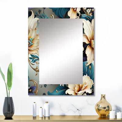 Brucknell blanc et or fleurs élégantes délice - miroir mural décoratif floral, miroir de chalet, art en métal imprimé
