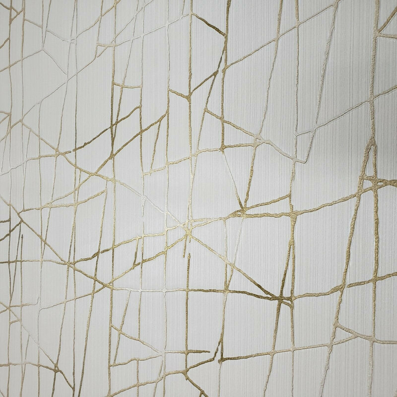 Papier peint contemporain avec lignes abstraites métalliques texturées 3D, Blanc / lignes dorées métalliques