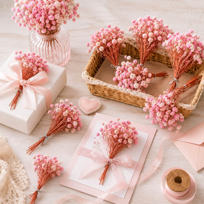 3500+ Mini Pink and White Dried Baby’s Breath Flowers, 70 Piece Bouquet Set