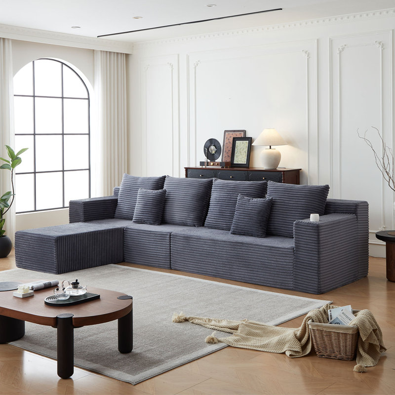 Canapé modulaire désossé en velours côtelé avec porte-gobelets, sans assemblage requis, Gris, H 30 po x l 137 po x P 78,5 po
